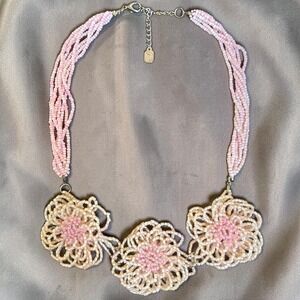 Signed You & I 1970s Glass Beaded Floral Torsade Necklace Pink Statement NYC